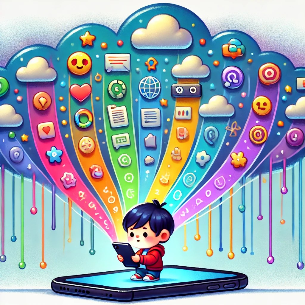 DALL·E 2024-10-11 10.58.58 - A cartoon of a child holding a smartphone with a focused expression. The phone is emitting colorful streams of data, symbols, and numbers, representin.jpg